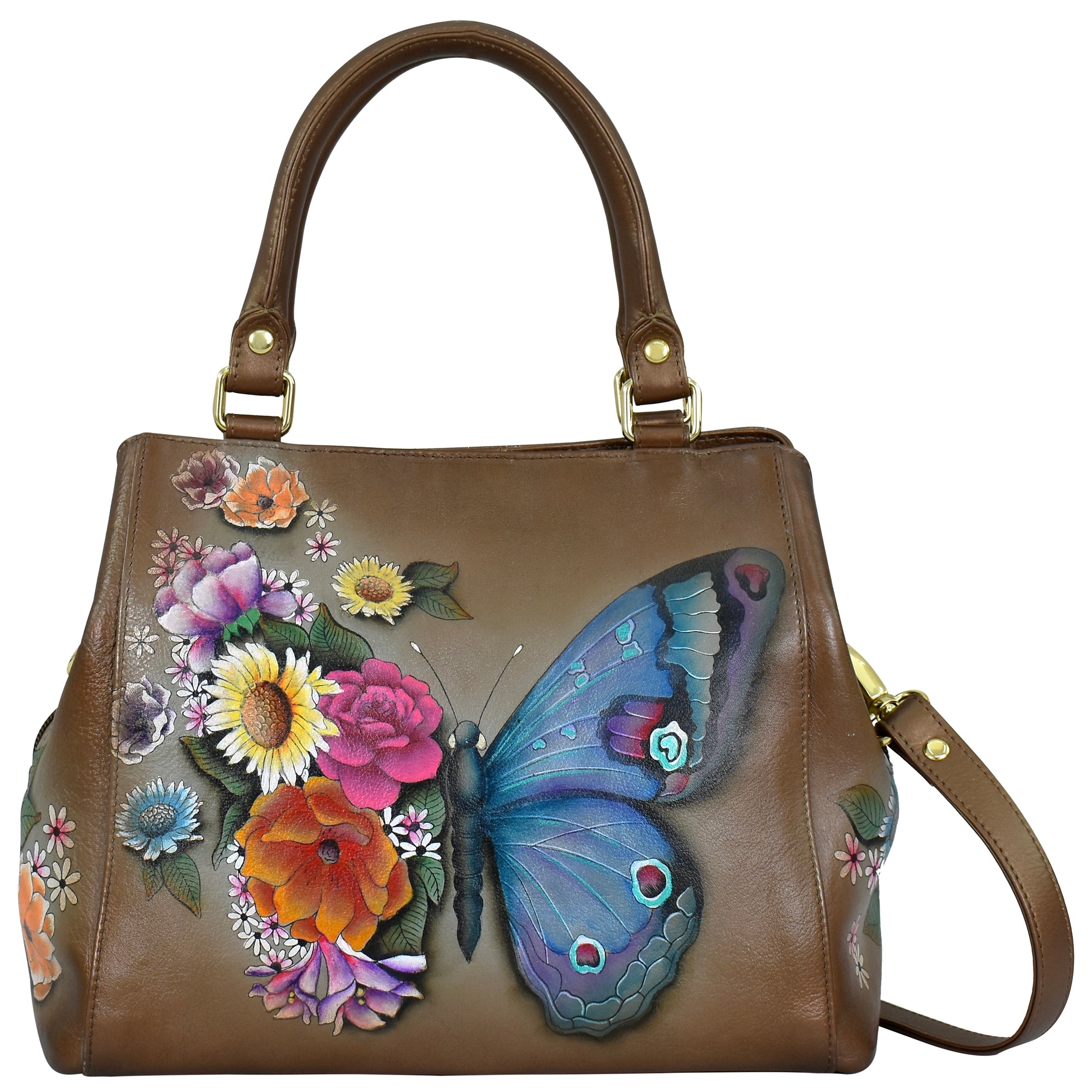 Anuschka Handpainted Leather Handbag Purse Flowers Butterfly shops Dragonfly