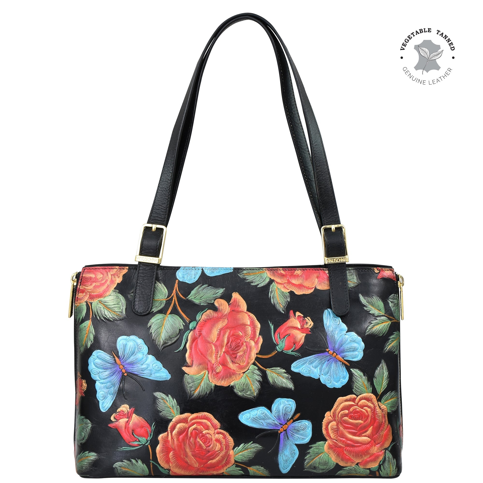 Buy Tooled Rose Black Multi Leather Expandable Shopper Tote 712 Anuschka Leather Anuschka UK