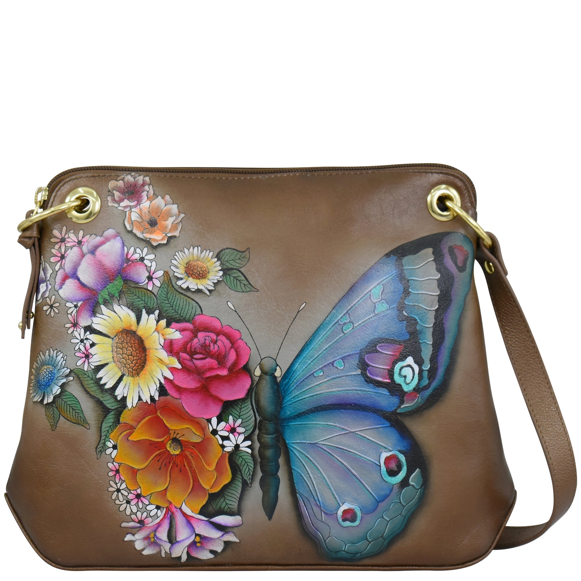 Buy Butterfly Blooms Bronze Hand Painted Leather Crossbody Sling Bag 713 Anuschka Leather Anuschka UK