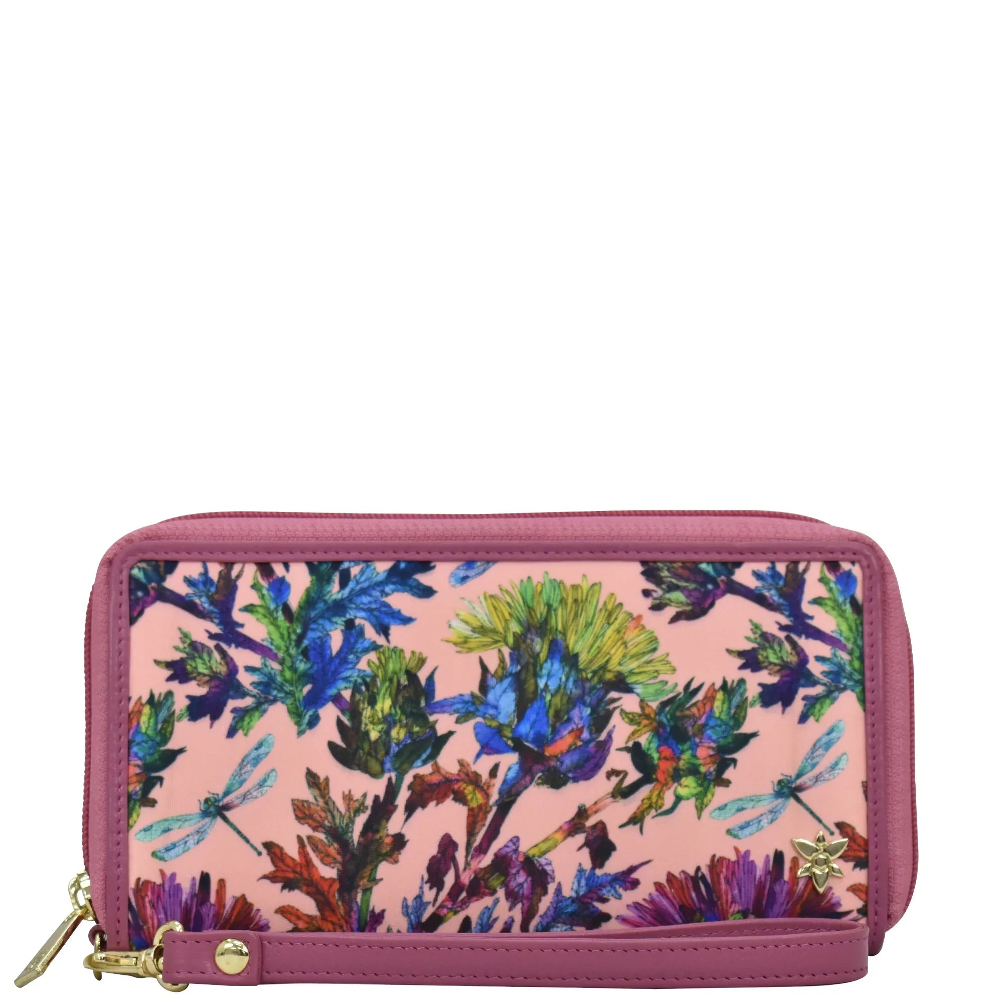 Dragonfly Garden Fabric with Leather Trim Wristlet Travel Wallet - 13000