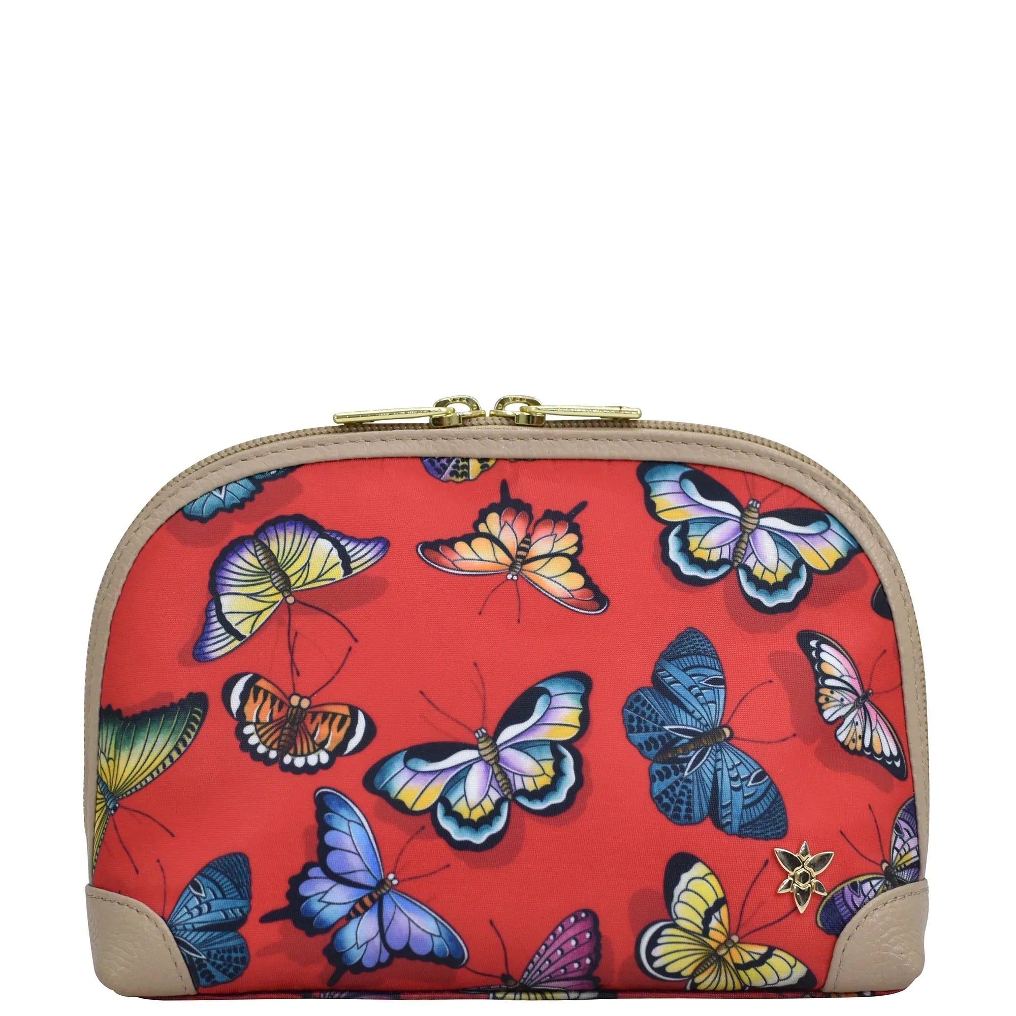 Butterfly Heaven Ruby Fabric with Leather Trim Dome Cosmetic Bag - 13002