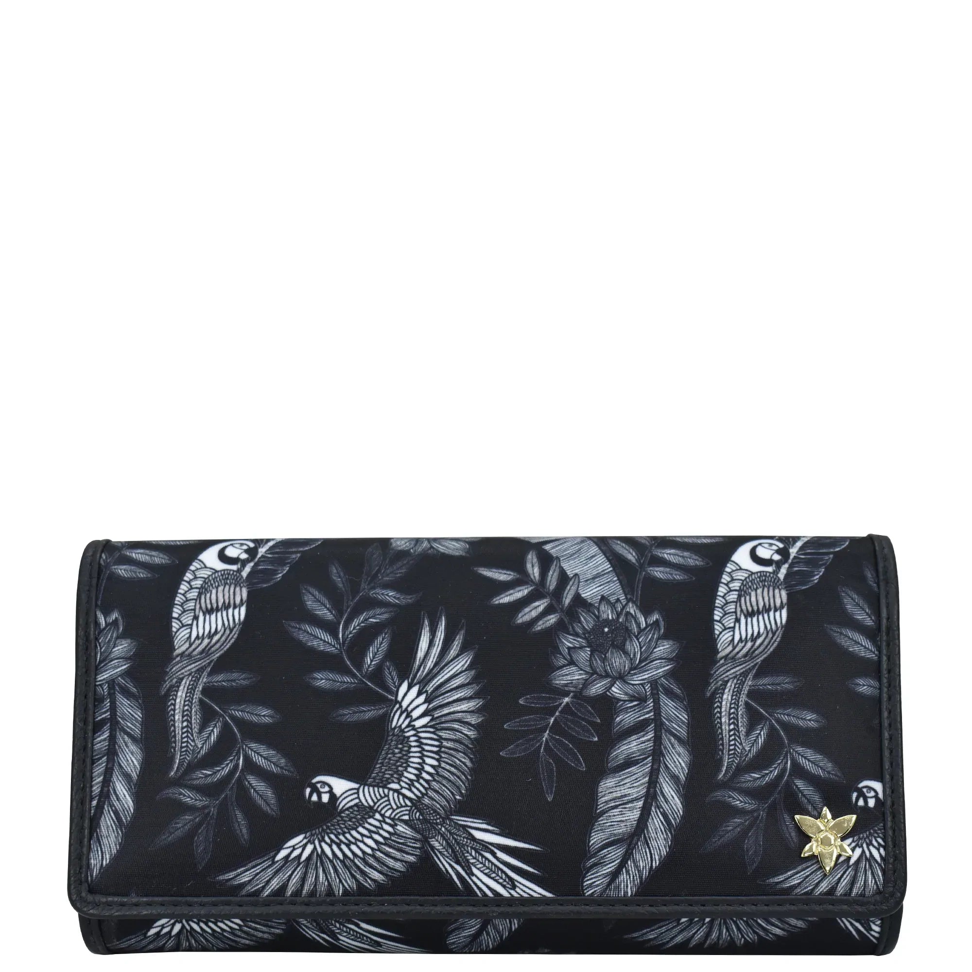 Jungle Macaws Fabric with Leather Trim Three-Fold RFID Wallet - 13007