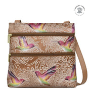 Tooled Bird Tan Medium Crossbody With Double Zip Pockets - 447