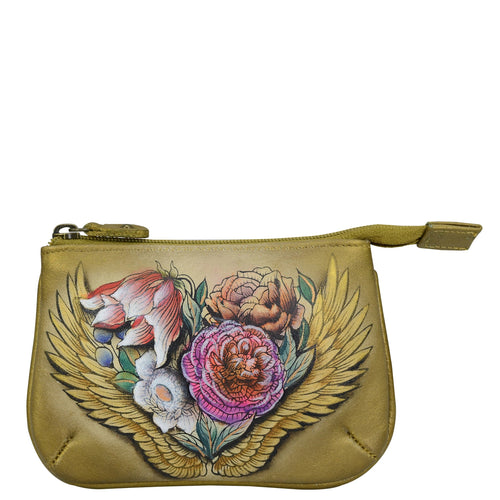 Anuschka style 1107, handpainted Medium Zip Pouch, Angel Wings painting in tan color. Featuring great for keeping keys, coins, rings and other little things handy.