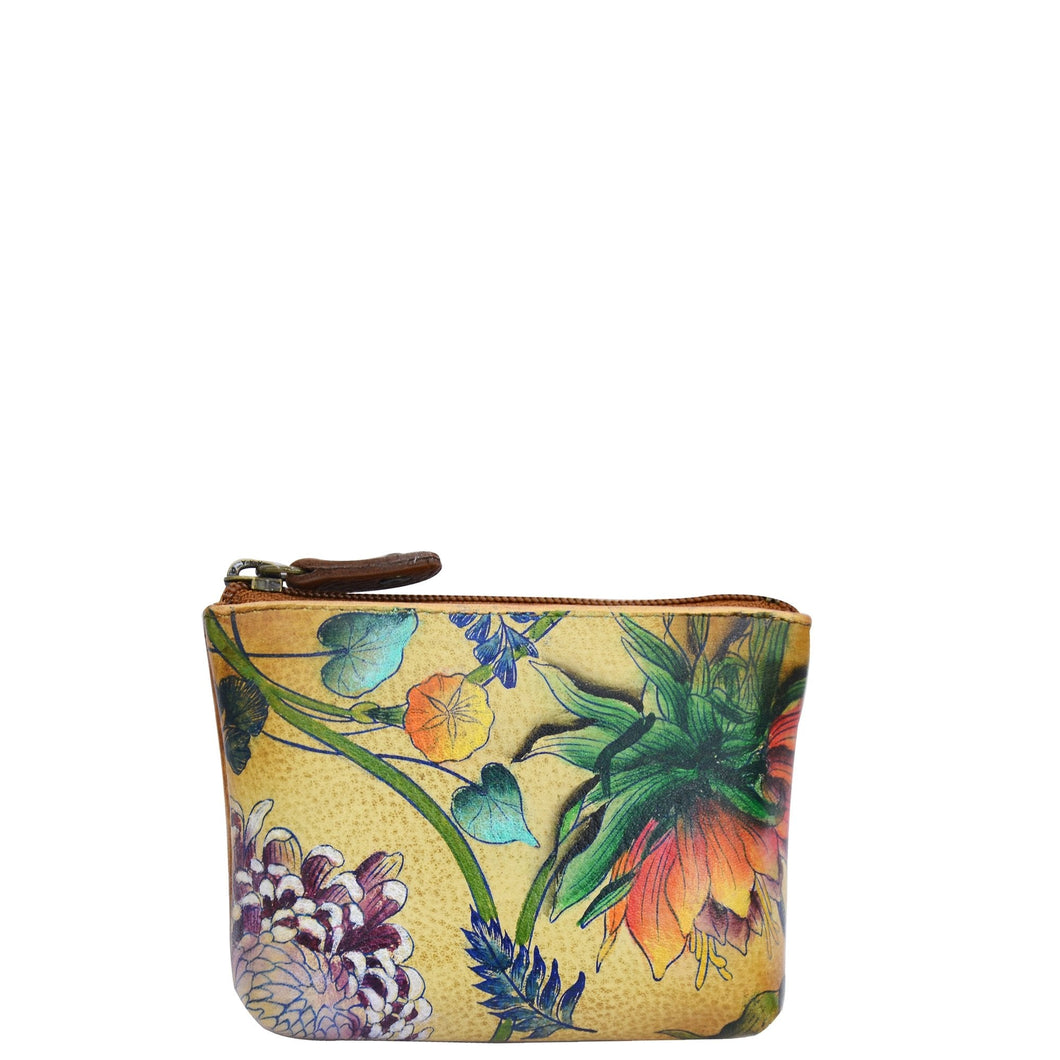 Anuschka style 1031, handpainted Coin Pouch. Caribbean Garden painting in tan color. Top zip entry coin pouch.