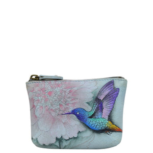 Anuschka style 1031, handpainted Coin Pouch. Rainbow Birds Painted in Grey Color.Top zip entry coin pouch.