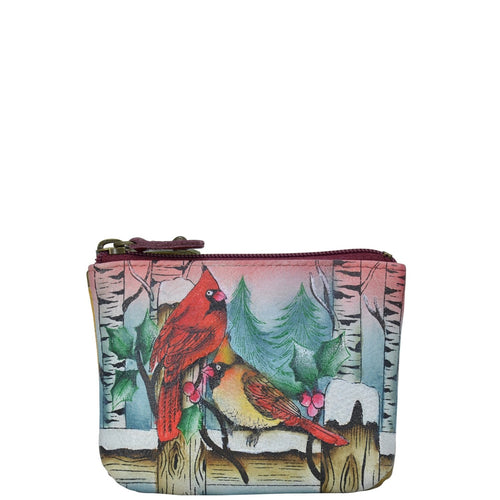 Anuschka style 1031, Coin Pouch. Snowy Cardinal painting in multi color. Top zip entry coin pouch.