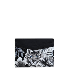 Load image into Gallery viewer, Anuschka style 1032, handpainted Credit Card Case. Cleopatra&#39;s Leopard painting in black, grey and silver color. Four card slots.
