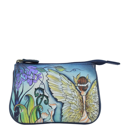 Anuschka style 1107, handpainted Medium Zip Pouch. Enchanted Garden painting in multi color. Featuring Great for keeping keys, coins, rings and other little things handy.