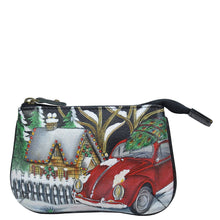 Load image into Gallery viewer, Anuschka style 1107, handpainted Medium Zip Pouch. Hippie Holiday painting in black color. Featuring Great for keeping keys, coins, rings and other little things handy.

