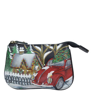 Anuschka style 1107, handpainted Medium Zip Pouch. Hippie Holiday painting in black color. Featuring Great for keeping keys, coins, rings and other little things handy.