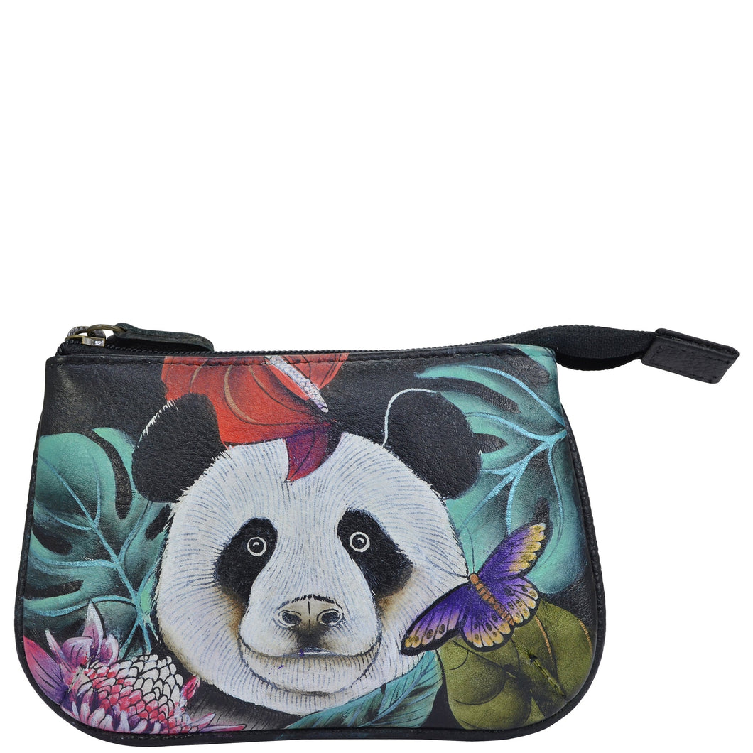 Anuschka style 1107, handpainted Medium Zip Pouch. Happy Panda painting in black color. Featuring Great for keeping keys, coins, rings and other little things handy.