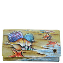 Load image into Gallery viewer, Anuschka style 1112, handpainted leather accordion flap wallet. Gift of the Sea painting in tan color. Featuring RFID blocking and many credit card slots.
