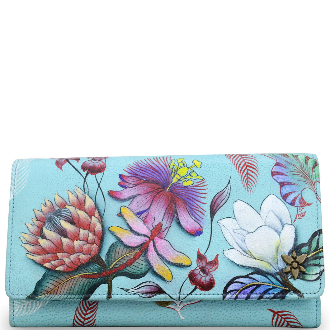 Anuschka style 1112, handpainted leather accordion flap wallet. Jardin Bleu painting in blue color. Featuring RFID blocking and many credit card slots.