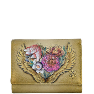 Anuschka style 1138, Handpainted Small Flap French Wallet, Angel Wings painting in tan color. Featuring RFID blocking and many credit card slots.
