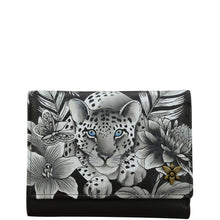 Load image into Gallery viewer, Anuschka style 1138, handpainted Small Flap French Wallet. Cleopatra&#39;s Leopard painting in black, grey and silver color.  Featuring RFID blocking and many credit card slots.
