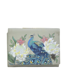 Load image into Gallery viewer, Anuschka style 1138, handpainted Small Flap French Wallet. Regal Peacock painting in grey color.  Featuring RFID blocking and many credit card slots.
