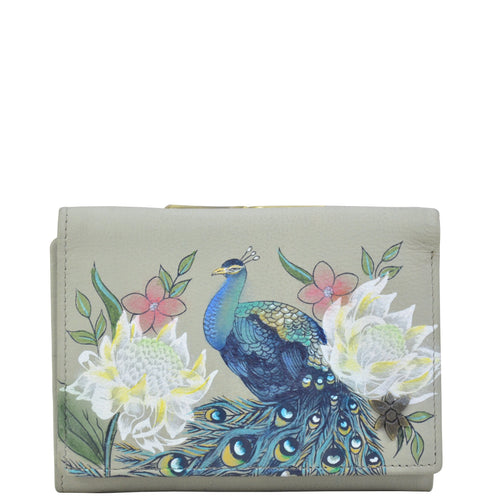Anuschka style 1138, handpainted Small Flap French Wallet. Regal Peacock painting in grey color.  Featuring RFID blocking and many credit card slots.