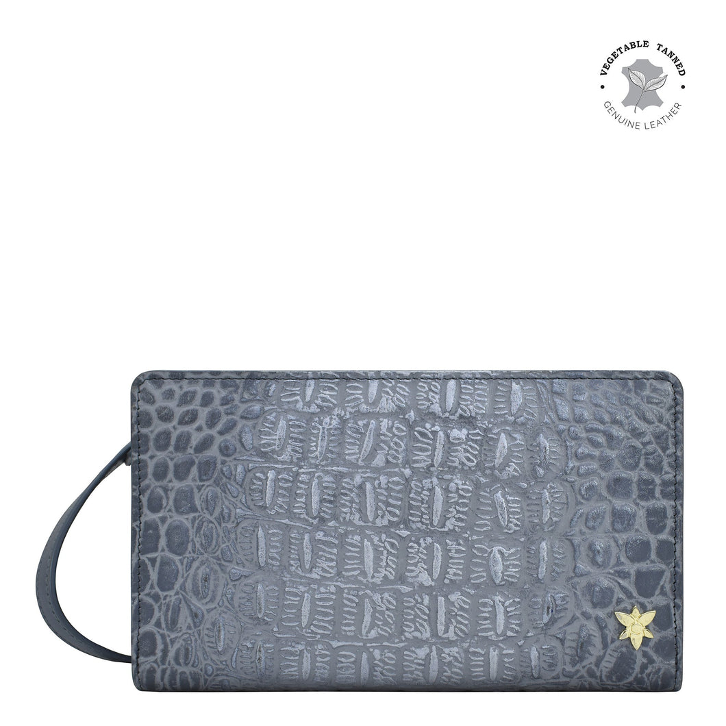 Anuschka Organizer Wallet Crossbody with Croco Embossed Silver/Grey color