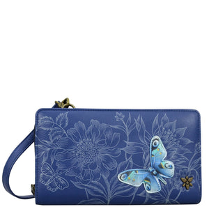 Anuschka style 1149, handpainted Organizer Wallet Crossbody. Garden of Delight Painting in Blue Color.Featuring six RFID blocking.