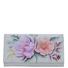 Load image into Gallery viewer, Anuschka style 1150, Three Fold Wallet. Bel Fiori painting in grey color. Featuring RFID blocking and many credit card slots.
