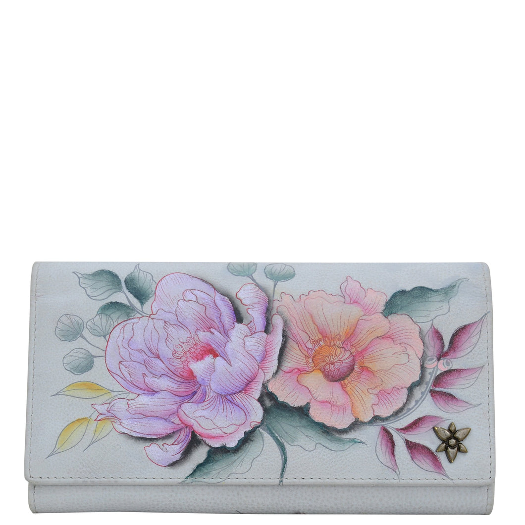 Anuschka style 1150, Three Fold Wallet. Bel Fiori painting in grey color. Featuring RFID blocking and many credit card slots.