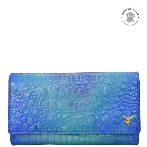 Anuschka Three Fold Wallet with Croco Embossed Peacock color