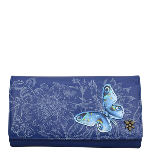  Anuschka style 1150, Three Fold Wallet. Garden of Delight Painting in Blue Color.Featuring RFID blocking and many credit card slots.