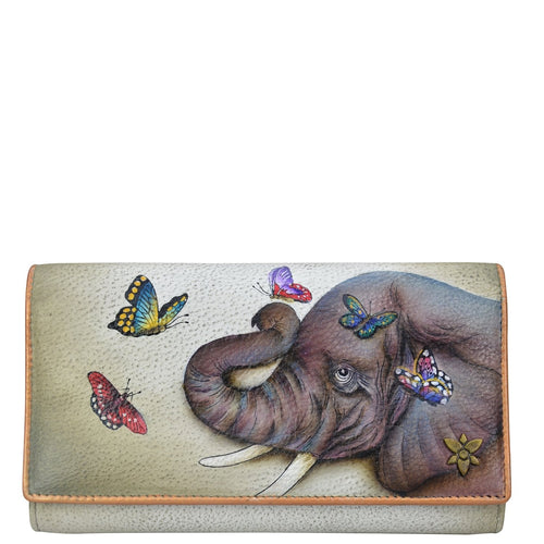 Anuschka style 1150, Handpainted Three Fold Wallet. Gentle Giant painting in Grey color. Featuring RFID blocking and many credit card slots.