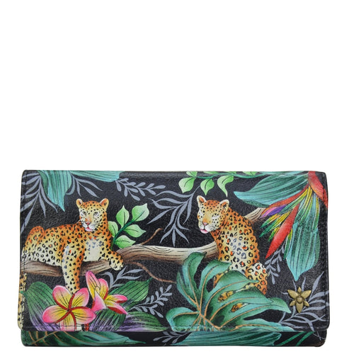 Anuschka style 1150, Three Fold Wallet.Jungle Queen painting in black color. Featuring RFID blocking and many credit card slots.