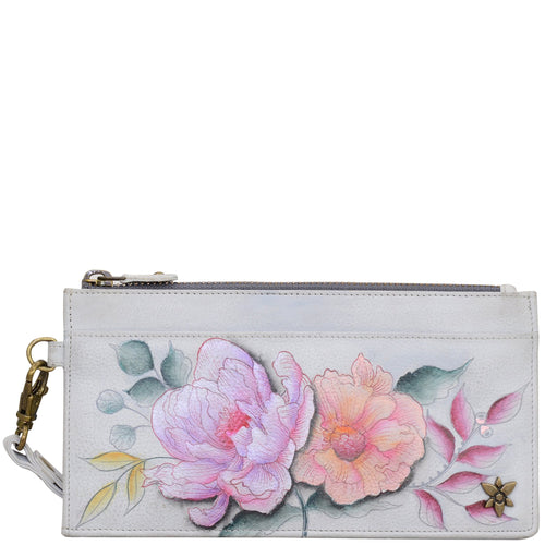 Anuschka style 1151, handpainted Clutch Organizer Wristlet. Bel Fiori painting in grey color. Featuring Rear six credit card holders with RFID protection.