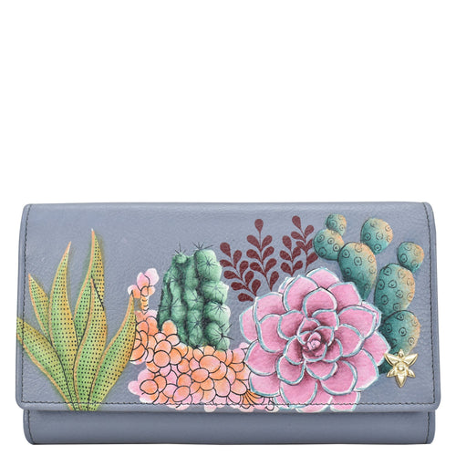 Anuschka style 1153, handpainted Checkbook Clutch. Desert Garden painting in grey color. Featuring Thirteen card holders with RFID protection.