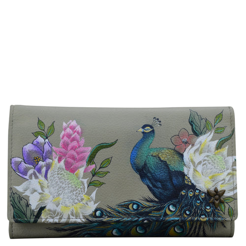 Anuschka style 1153, handpainted Checkbook Clutch. Regal Peacock Black painting in grey color. Featuring Thirteen card holders with RFID protection.