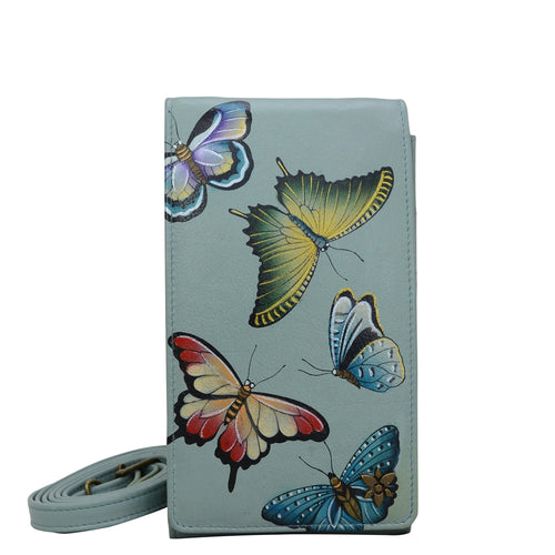 Anuschka style 1154, Smartphone Crossbody. Butterfly Heaven painting in Green or Mint Color. Featuring RFID blocking, many credit card slots and one ID window.