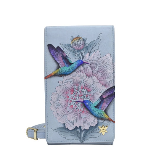 Anuschka style 1154, Smartphone Crossbody.Rainbow Birds painting in Blue color. Featuring RFID blocking, many credit card slots and one ID window.