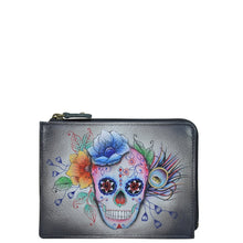 Load image into Gallery viewer, Anuschka style 1160, handpainted Key Zip Case. Calaveras de Azúcar painting in Black color. Featuring pockets for your cards and a zip pocket for coins and receipts.
