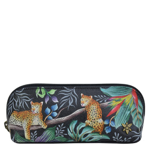 Anuschka style 1163,handpainted Medium Zip-Around Eyeglass/Cosmetic Pouch. Jungle Queen painting in black color. Featuring soft fabric lining and secure zip closure.