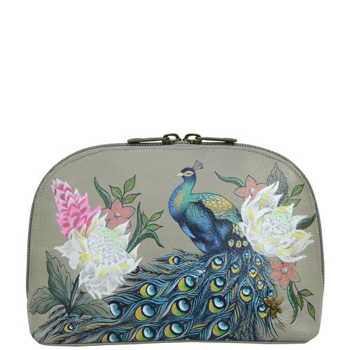 Anuschka style 1164, handpainted Large Cosmetic Pouch. Regal Peacock painting in grey color. Featuring one full length zippered pocket.