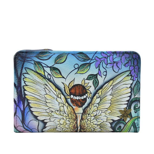 Anuschka style 1166, handpainted Two-Fold Small Organizer Wallet. Enchanted Garden painting in Blue color. Featuring RFID blocking and many credit card slots.