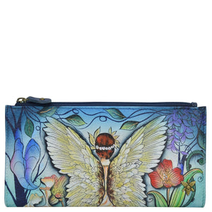 Anuschka style 1171, handpainted Two Fold Wallet. Enchanted Garden painting in Blue color. Featuring Six credit card holders with RFID protection, two ID windows.
