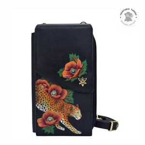 Anuschka style 1173, handpainted Crossbody Phone Case. Enigmatic Leopard painting in Black color.Featuring RFID blocking and many credit card slots.