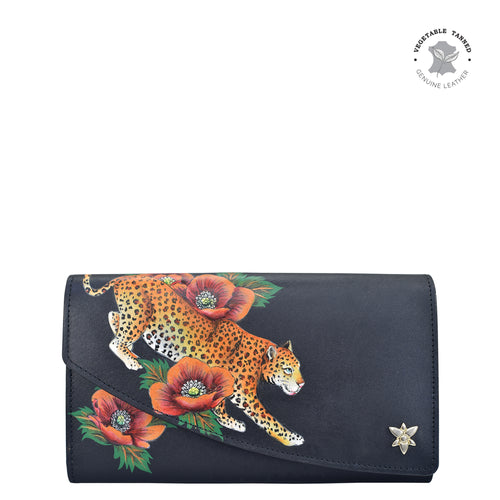Anuschka style 1174, handpainted leather accordion flap wallet. Enigmatic Leopard painting in Black color.Featuring RFID blocking and many credit card slots.