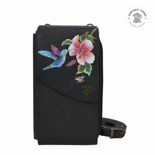 Load image into Gallery viewer, Anuschka style 1173, handpainted Crossbody Phone Case. Hummingbird painting in Black color. Featuring RFID blocking and many credit card slots.
