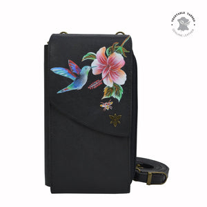 Anuschka style 1173, handpainted Crossbody Phone Case. Hummingbird painting in Black color. Featuring RFID blocking and many credit card slots.