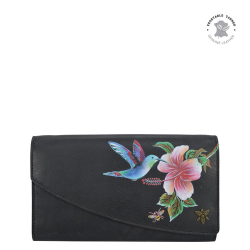 Anuschka style 1174, handpainted leather accordion flap wallet. Hummingbird painting in Black color. Featuring RFID blocking and many credit card slots.