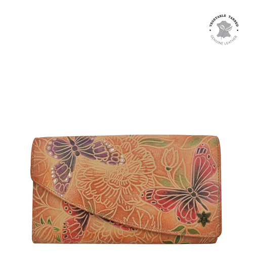 Anuschka style 1174, handpainted leather accordion flap wallet. Tooled Butterfly in brown color. Featuring RFID blocking and many credit card slots.