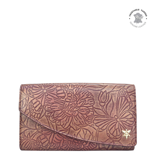 Anuschka style 1174, leather accordion flap wallet. Tooled Butterfly Wine art in Wine color. Featuring RFID blocking and many credit card slots.