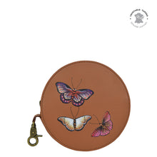 Load image into Gallery viewer, Anuschka style 1175, handpainted Round Coin Purse. Butterflies Honey painting in tan color.Featuring Rear ID window.
