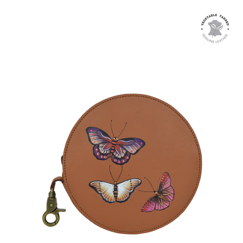 Anuschka style 1175, handpainted Round Coin Purse. Butterflies Honey painting in tan color.Featuring Rear ID window.