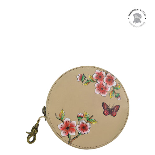 Anuschka style 1175, Round Coin Purse. Flower Garden Almond painting in Tan color. Featuring Rear ID window.